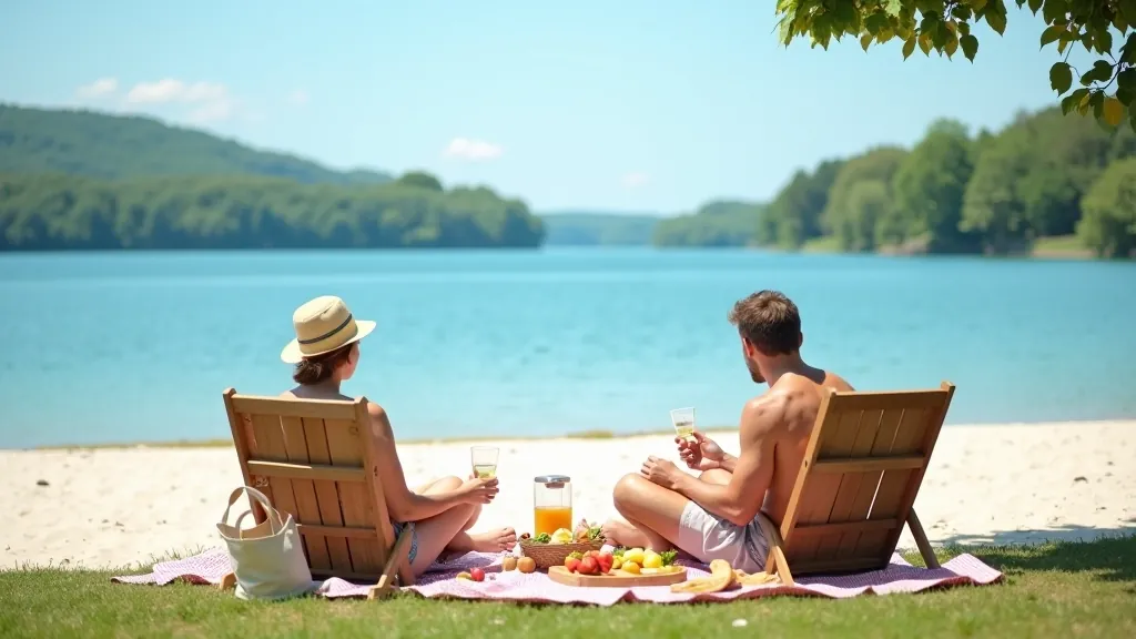 Jaunas ģimenes piknikojošas pie spoža ezera, smalds uz smilšu pludmales, vasaras diena