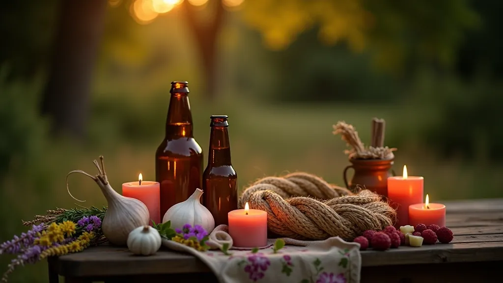 Tradicionālie Jāņu zīmes un simboli, rožu vainagi, ķiploki, ātrās, gaiši ielumoti svētki